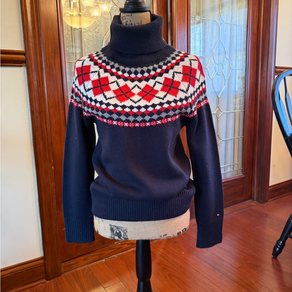 Tommy Hilfiger Navy and Red Turtleneck Sweater